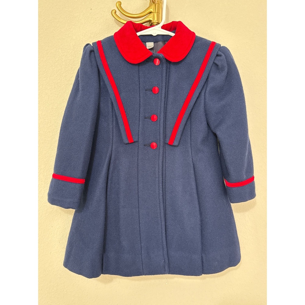 Rothschild Wool Coat Girls 4 Blue Red Velvet Trim Sailor Collar Vintage USA